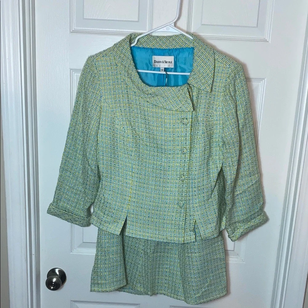 Dana Buchman Women's Yellow and Blue Tweed 2 Piece Skirt Suit Blazer Jacket - Picture 1 of 13